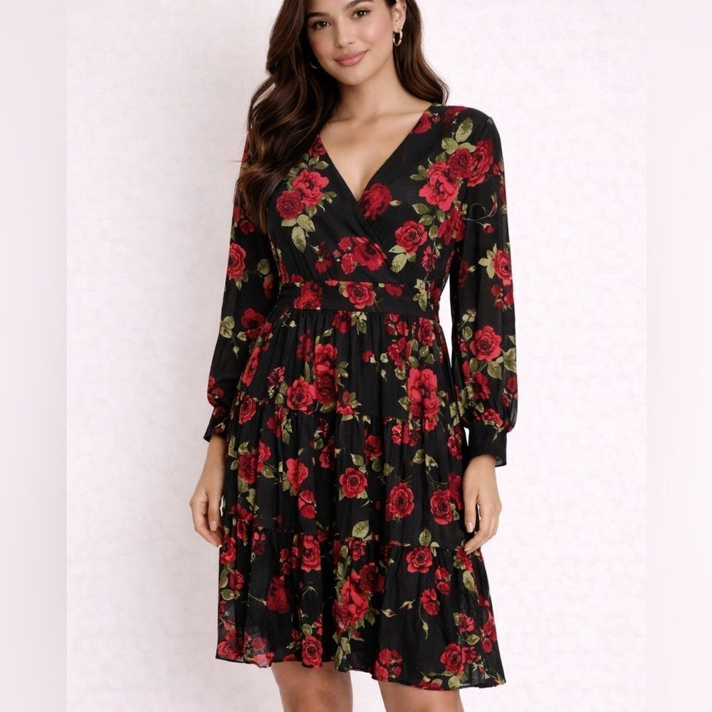 New Ember Black,Red Floral Long Sleeve Medi Dress Sz S Romantic Whimsigoth